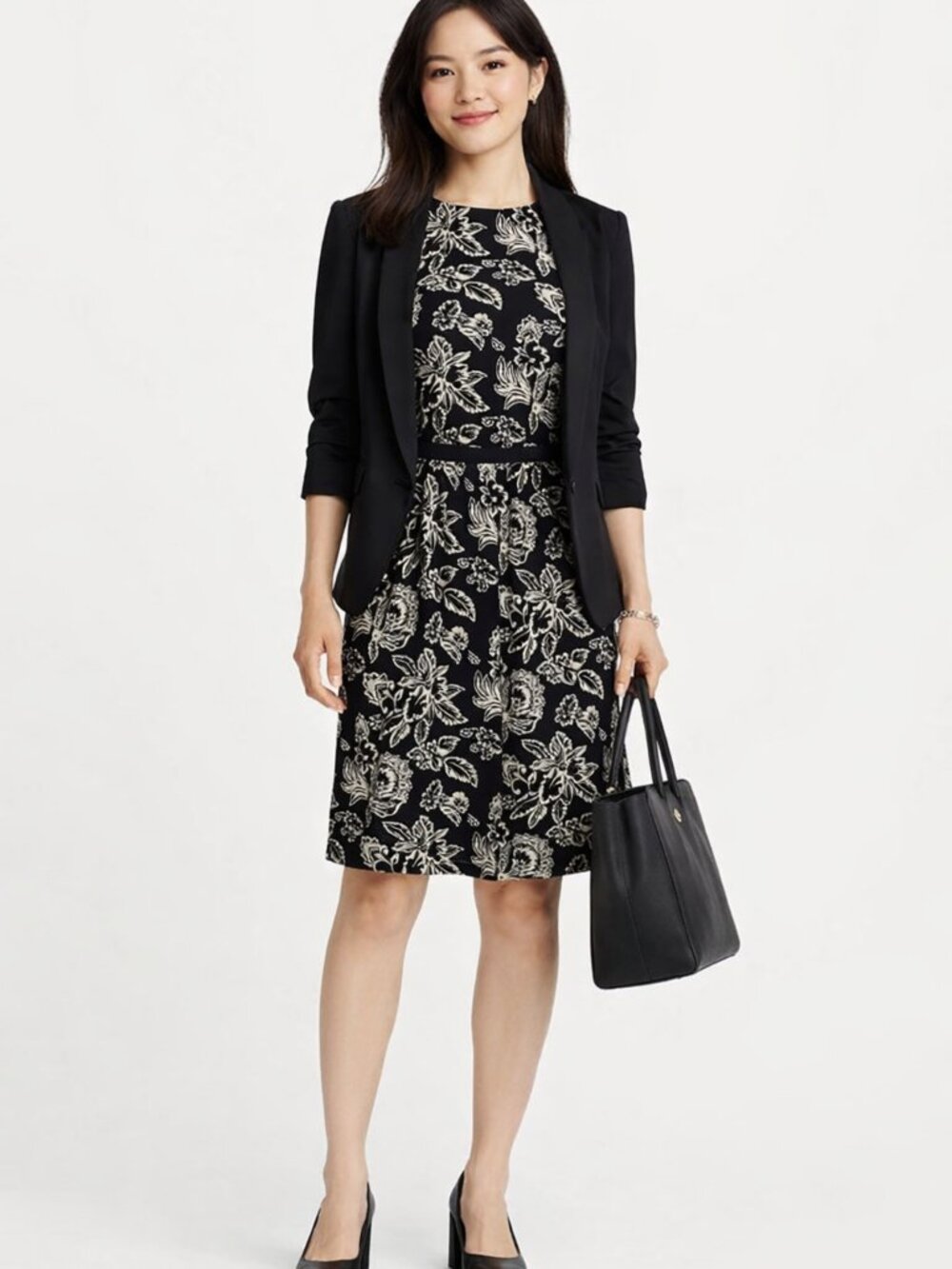 Loft Sleeveless Black & Cream Floral Print Party Casual occasion Dress Size S